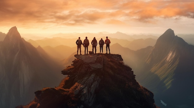 People standing on a cliff in front of a sunset