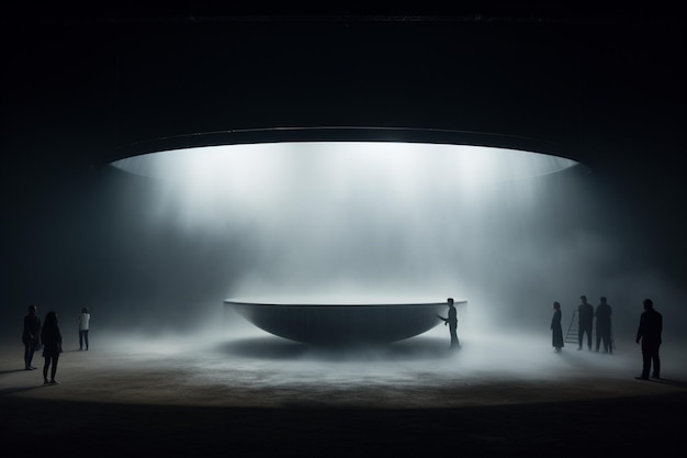 Foto persone in piedi in una stanza buia con una grande vasca da bagno generativa ai