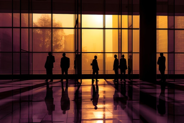 People standing in a dark room with a yellow sky in the background.