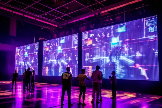 Photo people standing in front of a large screen with a video game on it generative ai