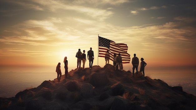 People standing on a hill with a flag in the foreground