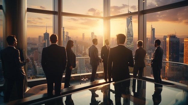 People standing in a large room with a view of a city generative ai