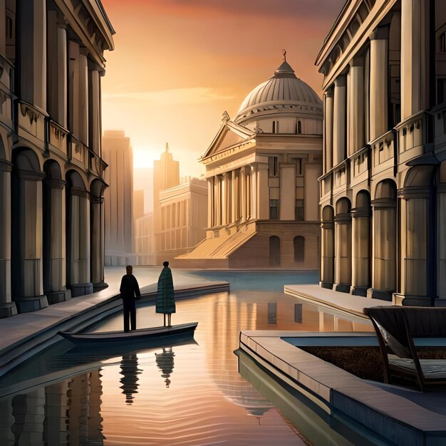 People standing in the middle of the canal looking at city with classical architecture on the sunset