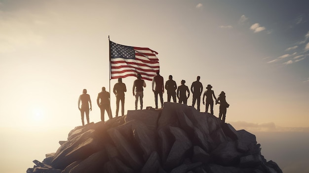 People standing on top of a mountain with a flag on it