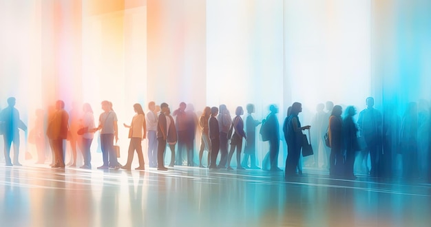 people standing while in line at an event in the style of blurred forms