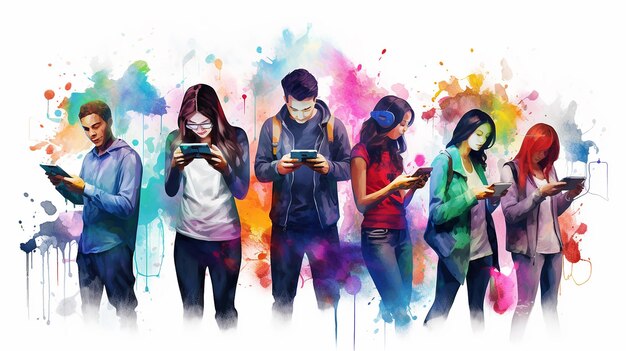 People standing with gadgets in their hands n colorful chothes on white background colorful vector illustration digital natives