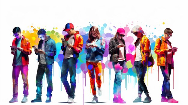 People standing with gadgets in their hands n colorful chothes on white background colorful vector illustration digital natives