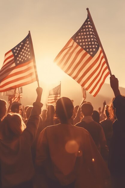 Photo people standing with their backs raising us flags in the rays of a light amber sun