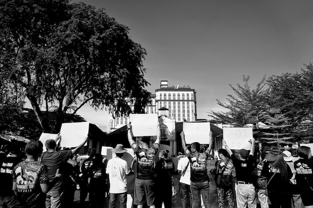people on street by trees against sky
