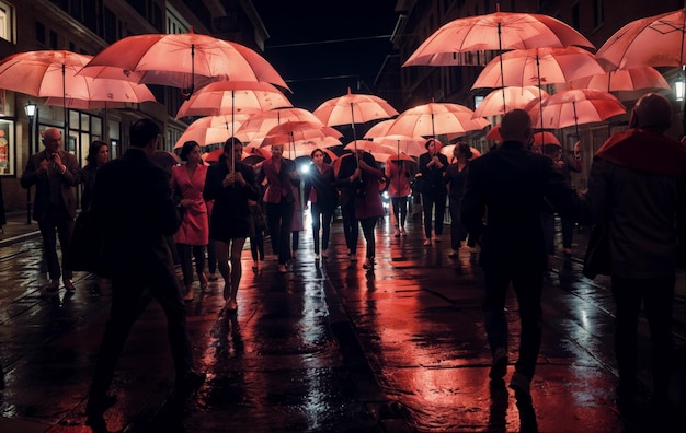 People in the street with pink umbrellas