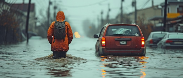 Foto la gente per le strade della città dopo un sacco di pioggia grave catastrofe meteorologica