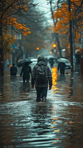 雨が降った後人々は街の通りを歩きひどい天気災害が起こりました