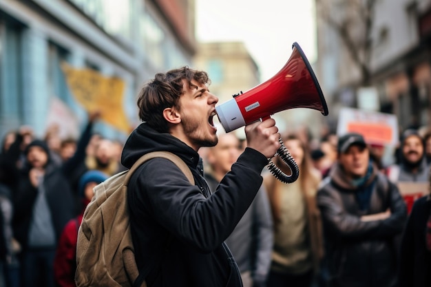 Люди в забастовке протестуют с мегафоном