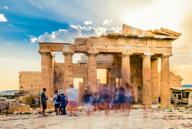 People strolling around the Parthenon motion blur