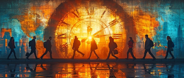 Photo people strolling in a business setting with a time clock superimposed