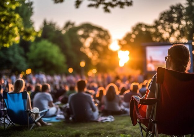 People in summer park watching movies in open air cinemaAI Generative