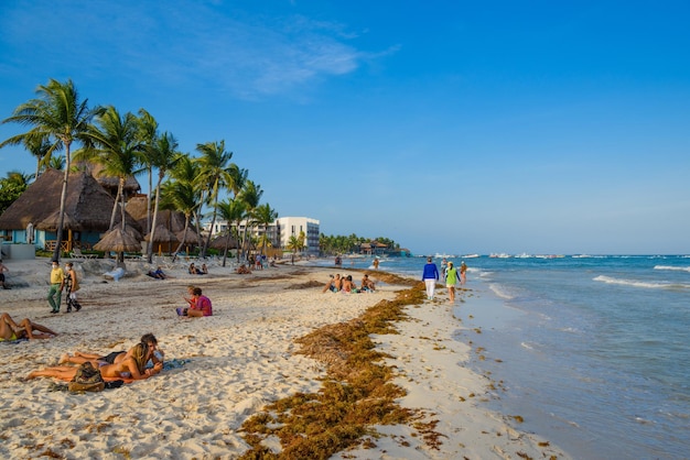 メキシコのプラヤデルカルメンユカタンのホテル近くのビーチで日光浴をしている人々