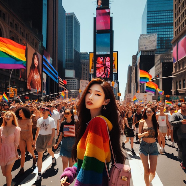 Photo people supporting lbtqs on pride month in new york times squere
