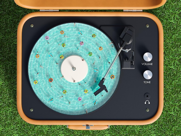 People swim in the pool in the form of a vinyl player top view 3D render