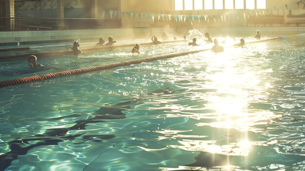 Foto gente che nuota in una piscina coperta il sole splende attraverso le finestre creando una bella scena