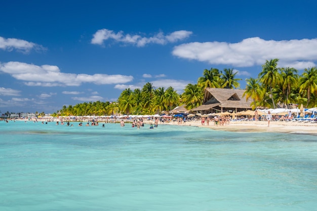 파라솔 방갈로 바와 코코스 야자수와 함께 하얀 모래 해변 근처에서 수영하는 사람들 청록색 카리브해 이슬라 무헤레스 섬 카리브해 칸쿤 유카탄 멕시코