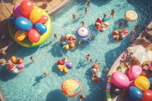 People swimming in a pool with many colorful balloons on it.