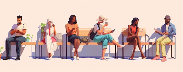 people talking to each other and on phones in the style of james gilleard