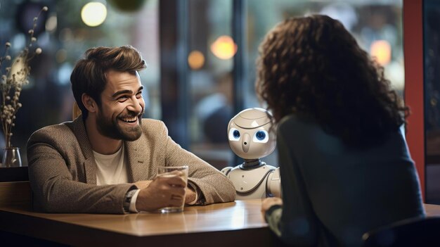 Photo people talking to a robot with interest