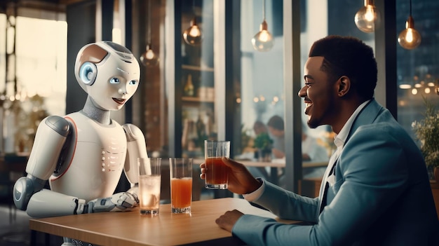 People talking to a robot with interest