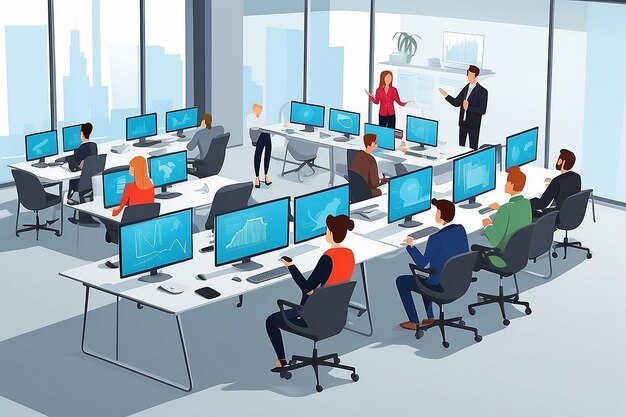 People talking and working at the computers in office Staff around table working with laptop tablet Office meeting room Vector illustration