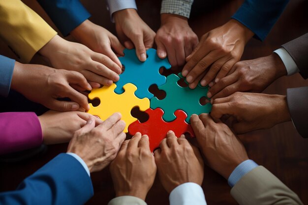 People teamwork hands with many puzzle pieces together job