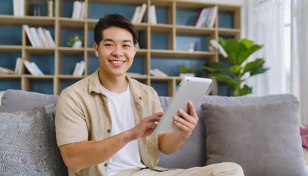 People And Technology Portrait Of Smiling Asian Man Holding And Tablet Sitting On Couch Indoors In L