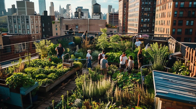 Photo people tending to a rooftop garden in an urban setting