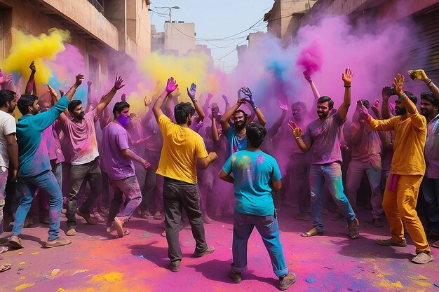 People throwup Holi paints