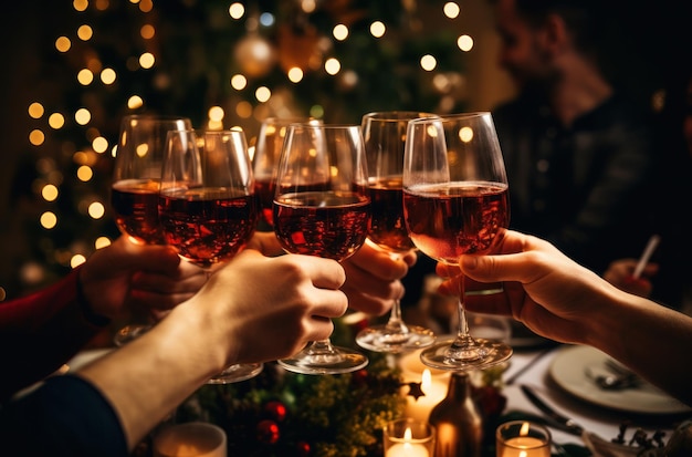 people toasting over dinner at a christmas dinner party