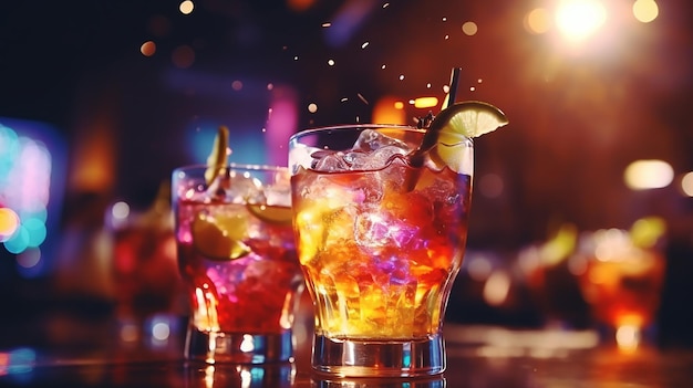 People toasting multi-colored fancy drinks -young friends drink cocktails together during happy hour