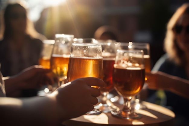 Photo people toasting with beer glasses in a bar