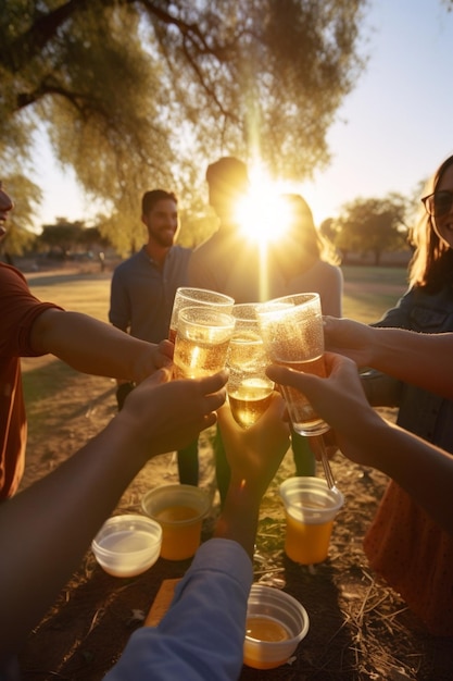 People toasting with beer glasses at a park