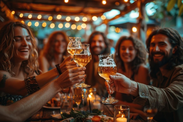 人々がビールを飲みレストランで友情と幸せを楽しんでいます