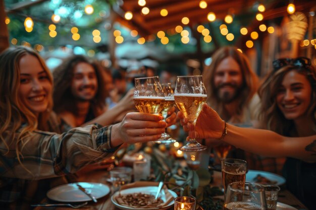 People toasting with a glass of beer and enjoying life friendship and happiness in a restaurant during reunion