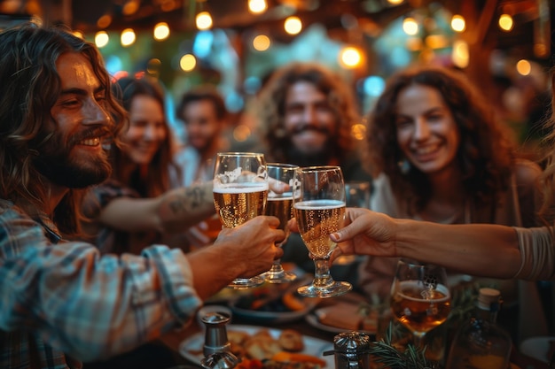 Люди, выпивающие с бокалом пива и наслаждающиеся жизнью, дружбой и счастьем в ресторане во время воссоединения