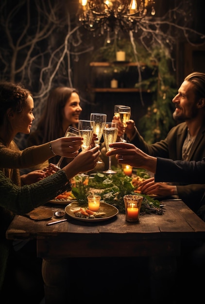 Foto persone che fanno un brindisi con i bicchieri a un tavolo da pranzo di natale