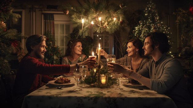 people toasting with glasses at a christmas dinner table