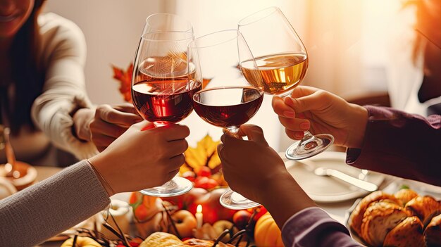 people toasting with wine glasses at thanksgiving dinner