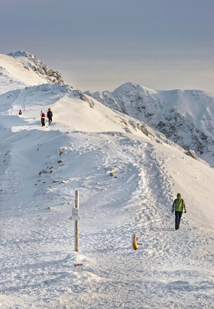 People on the top of Kasprowy Wierch in Zakopane in Tatras in winter. Zakopane is a town in Poland in Tatra Mountains. Kasprowy Wierch is a mountain in Zakopane and the most popular ski area in Poland