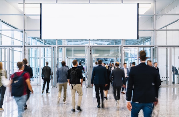 People on trade fair under advertising poster or banner