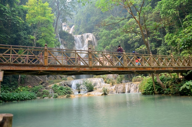 사람들은 여행을 하고 다리에 서서 Luang Prabang Laos의 Kuang Si Falls 또는 Tat Kuang Si 폭포의 사진을 보고 사진을 찍습니다.