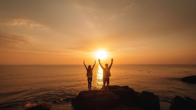 사진 사람들은 웰빙 개념을 여행합니다 제너레이티브 ai 젊은 부부는 자유와 삶을 포용하는 새벽에 바다로 팔을 뻗었습니다