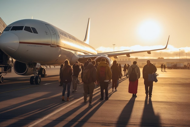 Фото Люди, путешествующие в отпуск, концепция толпы людей, садящихся в самолет ai generated