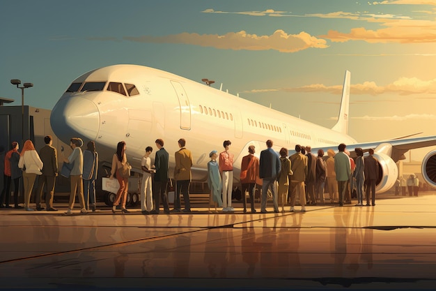 People traveling vacation concept crowd of people boarding the plane AI Generated